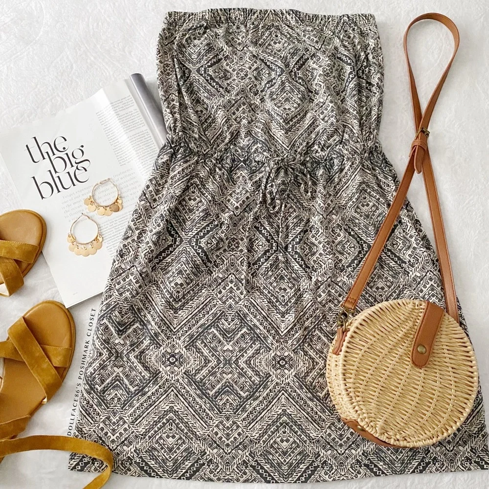 Tribal Print Black & Off White Strapless Mini Dress - Picture 1 of 9